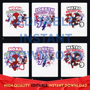 Puede incluir: Camisetas blancas con dise&ntilde;os de Spider-Man para cumplea&ntilde;os. Cada camiseta tiene un nombre, una edad y las palabras "Birthday Boy" o "Birthday Girl". Los dise&ntilde;os presentan una combinaci&oacute;n de colores rojo y azul con telara&ntilde;as.