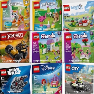 Puede incluir: Conjunto de sets de Lego con diferentes tem&aacute;ticas. Incluye Lego Creator Gato, Perro, Bluey, Ninjago, Friends Girasol, Rosa, Star Wars, Disney y City. Cada caja muestra el logotipo de Lego y el rango de edad.