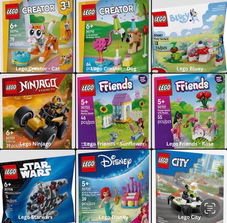 Puede incluir: Conjunto de sets de Lego con diferentes tem&aacute;ticas. Incluye Lego Creator Gato, Perro, Bluey, Ninjago, Friends Girasol, Rosa, Star Wars, Disney y City. Cada caja muestra el logotipo de Lego y el rango de edad.