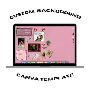 May include: A laptop displaying a pink Canva template with various images and graphics. The screen features photos, a 777 graphic, and the text "CUSTOM BACKGROUND" and "CANVA TEMPLATE" in black.