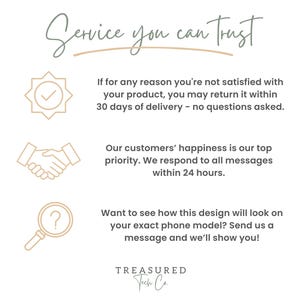 May include: White background with text that reads "Service you can trust." Additional text includes a guarantee of returns within 30 days, customer happiness as a priority, and a response time of 24 hours. The image also includes the text "Treasured Tech Co."