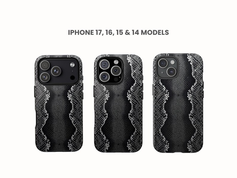 May include: Three iPhone cases with a black and gray snakeskin pattern. The cases are designed for iPhone 17, 16, 15, and 14 models. The cases have a wavy design down the center.