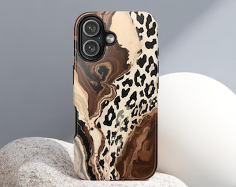 Brown Marble Leopard iPhone Case, Abstract Animal Print Pattern Cover