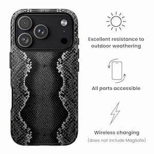 May include: A black and gray snakeskin-patterned phone case. The case has a camera cutout for three lenses and the text "Excellent resistance to outdoor weathering", "All ports accessible", and "Wireless charging (does not include MagSafe)".