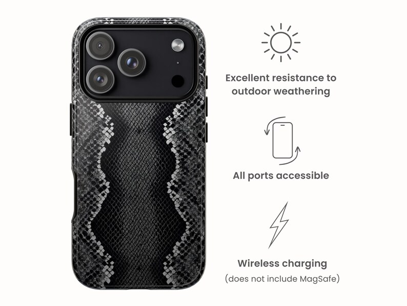 May include: A black and gray snakeskin-patterned phone case. The case has a camera cutout for three lenses and the text "Excellent resistance to outdoor weathering", "All ports accessible", and "Wireless charging (does not include MagSafe)".