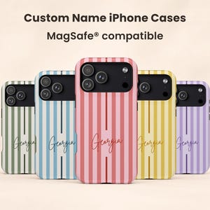 Capa personalizada listrada para iPhone, com nome personalizado, estilo preppy, fosca, compatível com MagSafe.