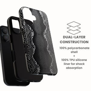 May include: A black phone case with a snakeskin pattern, showcasing a dual-layer construction. The case is made of 100% polycarbonate shell and a 100% TPU silicone liner for shock absorption. The text "DUAL-LAYER CONSTRUCTION" is also visible.