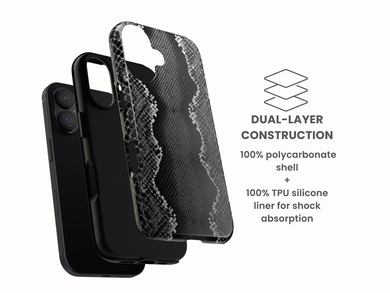 May include: A black phone case with a snakeskin pattern, showcasing a dual-layer construction. The case is made of 100% polycarbonate shell and a 100% TPU silicone liner for shock absorption. The text "DUAL-LAYER CONSTRUCTION" is also visible.