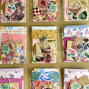 May include: Nine clear plastic pouches containing assorted paper ephemera, including floral stickers, patterned cardstock, small tags, and decorative cutouts. Each set is tied with twine and features a variety of colourful illustrations and textures.