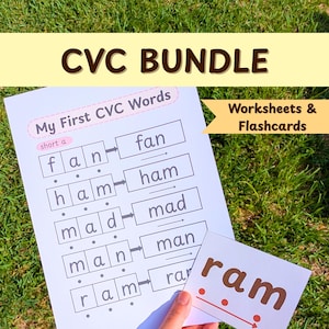 May include: A CVC Bundle educational resource with worksheets and flashcards. The worksheets feature CVC words like "fan", "ham", "mad", "man", and "ram". The flashcards show the word "ram". The background is green grass.