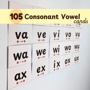 May include: A collection of white consonant vowel cards, arranged on a wall. Each card features a two-letter word in a bold, black font, with red arrows and dots. The text "105 Consonant Vowel cards" is displayed in a yellow banner.