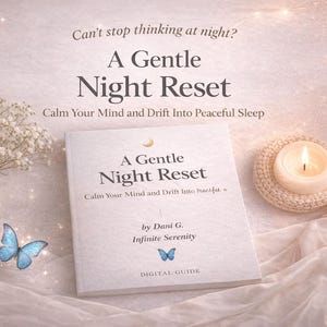 May include: A book titled "A Gentle Night Reset" with text "Calm Your Mind and Drift Into Peaceful Sleep." A lit candle sits on a woven coaster. A blue butterfly and white flowers are also in the image.