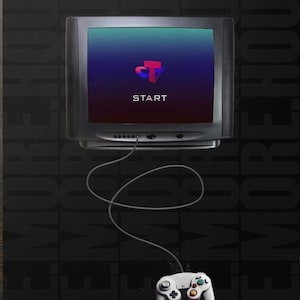 May include: Poster featuring a retro television with a game interface showing "START". A white games controller is connected to the TV. The word "STAMACHINE" is at the top. The background is black with the words "MORE HOUR" repeated.