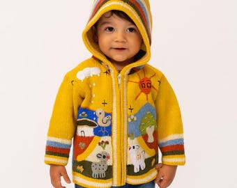 Gelbe Kinder Strickjacke mit kurzer Kapuze Handgemachte peruanische Pullover Volkskunst für Kinder