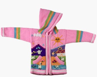 Pink Kids Cardigan Short Hood Handmade Peruvian Sweater Folk Art for Children