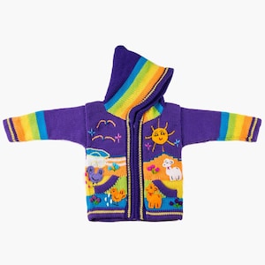 May include: A purple hooded sweater with a colorful rainbow design on the hood and sleeves. The sweater features a whimsical landscape scene with a sun, birds, and animals. The sweater has a zipper closure and is made of a soft, knitted material.