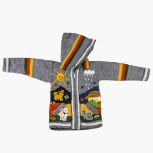 May include: A grey hooded zip-up sweater with colourful embroidered landscape details. The sweater features a sun, clouds, and animal designs. The hood and sleeves have striped accents. The sweater is made of a soft, knitted material.