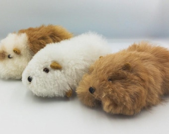 May include: Three plush guinea pig toys in shades of white, brown, and tan. Each toy has small black eyes and tan ears. The toys are soft and fluffy, and are arranged in a row.