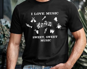 「I Love Music」Tシャツ、音楽愛好家、ミュージシャンシャツ