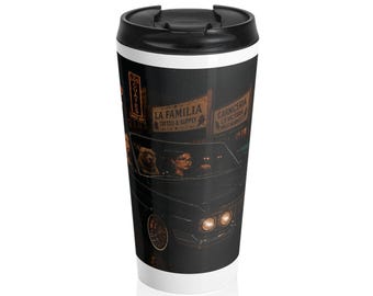 Neon Night City Scene Travel Mug | Vintage Car, Street Signs, Urban Rain