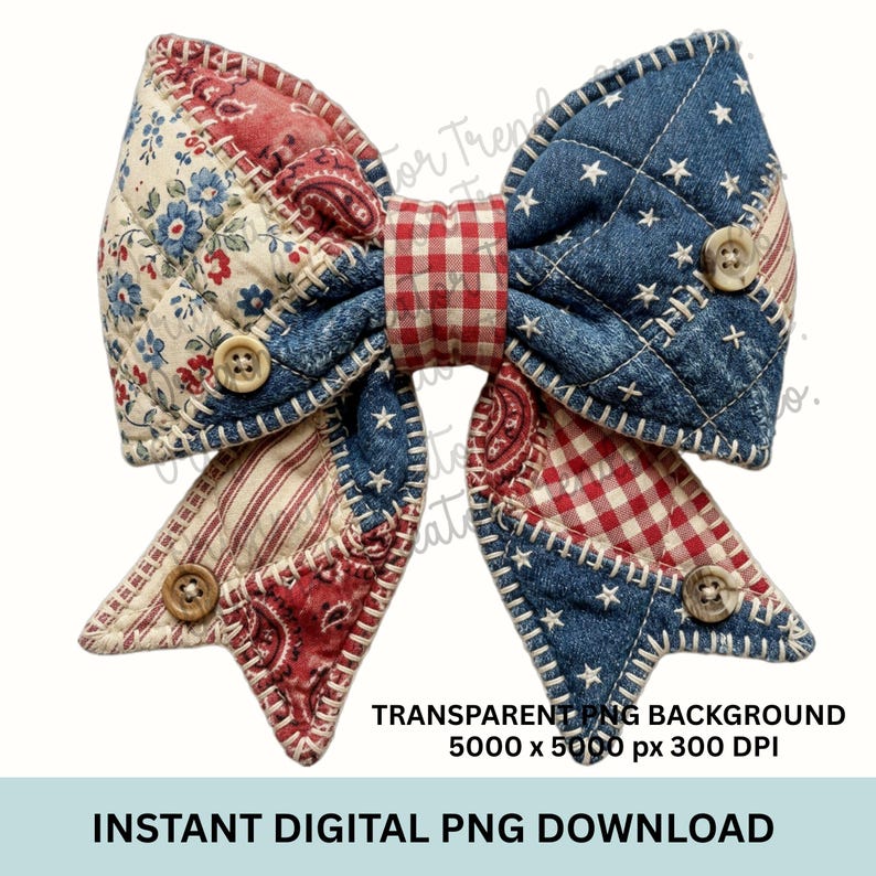 May include: A large, decorative bow featuring a patchwork design with various patterns and textures. The bow incorporates denim with white stars, floral prints, red and white stripes, and a red gingham center. Wooden buttons add detail. The bow is a digital PNG download.