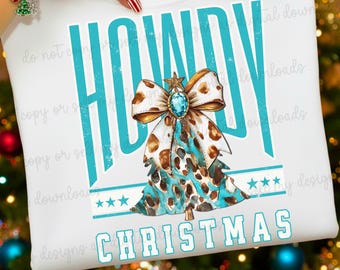 Howdy Christmas PNG, Turquoise Cow Print Tree (Digital Download)