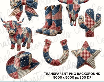 Western Patriotic Patchwork Bundle png, 4th of July Vintage Americana Faux Quilted Sublimation Design, Instant Download