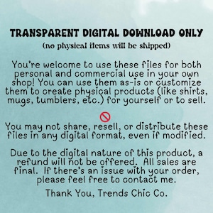 May include: A digital download graphic with the text "TRANSPARENT DIGITAL DOWNLOAD ONLY" and usage instructions. The text explains the files can be used for personal and commercial use to create physical products. It also states no refunds are offered.