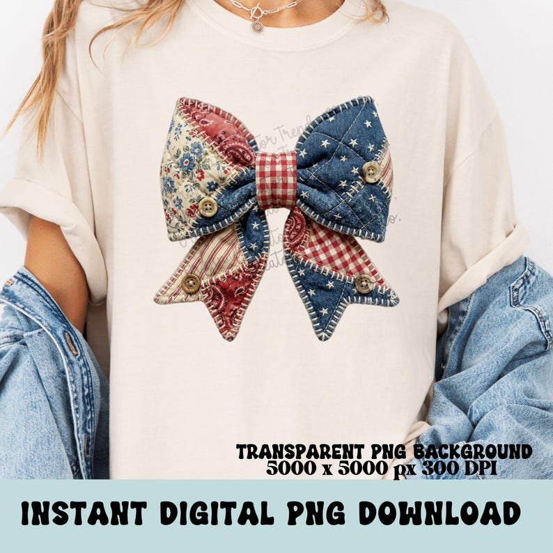 May include: A patchwork bow design with red, white, and blue fabrics, including floral, striped, and star patterns. The bow is adorned with wooden buttons and a gingham center. Text on the image reads: TRANSPARENT PNG BACKGROUND, INSTANT DIGITAL PNG DOWNLOAD.