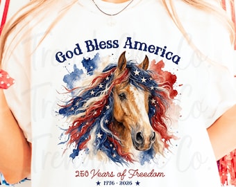Watercolor Horse PNG, 250 Years of Freedom 1776-2026, Patriotic Horse Shirt Design, 4th of July Equestrian Digital Download