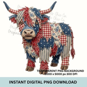 Può includere: Un design patchwork di una mucca delle Highlands nei colori rosso, bianco e blu. La mucca presenta un mix di motivi, tra cui stelle, strisce e quadretti. L'immagine include il testo "INSTANT DIGITAL PNG DOWNLOAD".