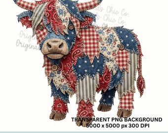 Patriotic Patchwork Highland Cow png, 4th of July Vintage Americana Highland Cow png, Faux Quilted Highland Cow Graphic, Instant Download