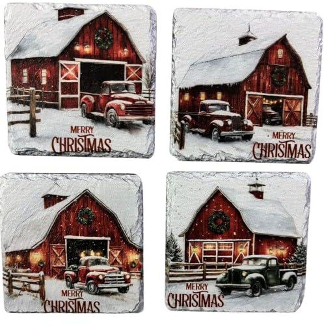Merry Christmas Red Barn Truck Slate Coaster Set – Vintage Holiday ...