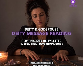 May include: A person with dark hair wearing a black top sits at a wooden table with tarot cards. Text reads: DEITY & GODSPOUSE DEITY MESSAGE READING, PERSONALIZED DEITY LETTER, CUSTOM SIGIL - DEVOTIONAL GUIDE, PERSONALIZED TAROT READING, SAME HOUR DELIVERY.