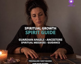May include: A person with dark hair wearing a black top sits at a wooden table with tarot cards. Text reads: SPIRITUAL GROWTH SPIRIT GUIDE, GUARDIAN ANGELS - ANCESTORS, SPIRITUAL MESSAGES - GUIDANCE, PERSONALIZED TAROT READING, SAME HOUR DELIVERY.