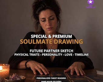 May include: A person in a black top sits at a wooden table with tarot cards. Text reads: SPECIAL & PREMIUM SOULMATE DRAWING, FUTURE PARTNER SKETCH, PHYSICAL TRAITS - PERSONALITY - LOVE - TIMELINE, PERSONALIZED TAROT READING, SAME HOUR DELIVERY.