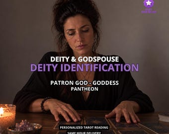 May include: A person in a black top sits at a wooden table with tarot cards, a lit candle, and a bowl of crystals. Text reads: DEITY & GODSPOUSE DEITY IDENTIFICATION, PATRON GOD-GODDESS PANTHEON, PERSONALIZED TAROT READING, SAME HOUR DELIVERY.