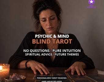 Könnte beinhalten: Ein Tarot-Leseservice mit dem Text PSYCHIC & MIND BLIND TAROT, NO QUESTIONS - PURE INTUITION, SPIRITUAL ADVICE - FUTURE THEMES, PERSONALIZED TAROT READING und SAME HOUR DELIVERY, mit Tarotkarten auf einem Holztisch ausgelegt.