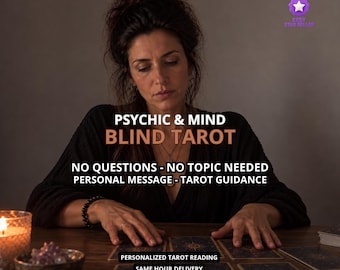 May include: A tarot reading service advertisement featuring the text PSYCHIC & MIND BLIND TAROT, NO QUESTIONS - NO TOPIC NEEDED, PERSONAL MESSAGE - TAROT GUIDANCE, PERSONALIZED TAROT READING, and SAME HOUR DELIVERY over a dark-toned image.