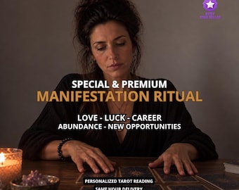 May include: A tarot reading service featuring the text SPECIAL & PREMIUM MANIFESTATION RITUAL, LOVE - LUCK - CAREER, ABUNDANCE - NEW OPPORTUNITIES, and PERSONALIZED TAROT READING SAME HOUR DELIVERY, with tarot cards laid out on a wooden table.