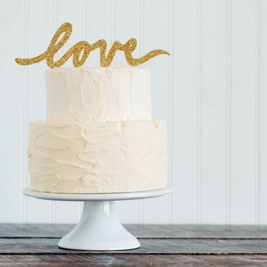 GOLD or SILVER glitter "LOVE" script wedding cake topper