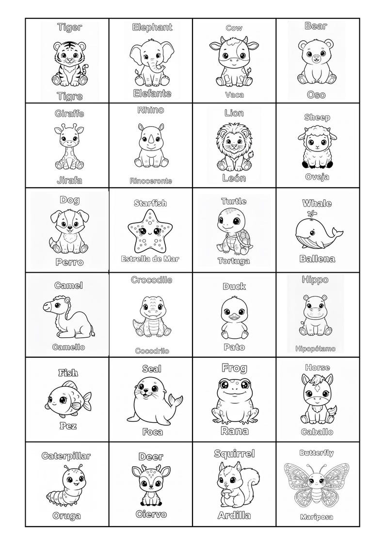 Printable Coloring Book 52 Animals English and Spanish Bilingual for ...