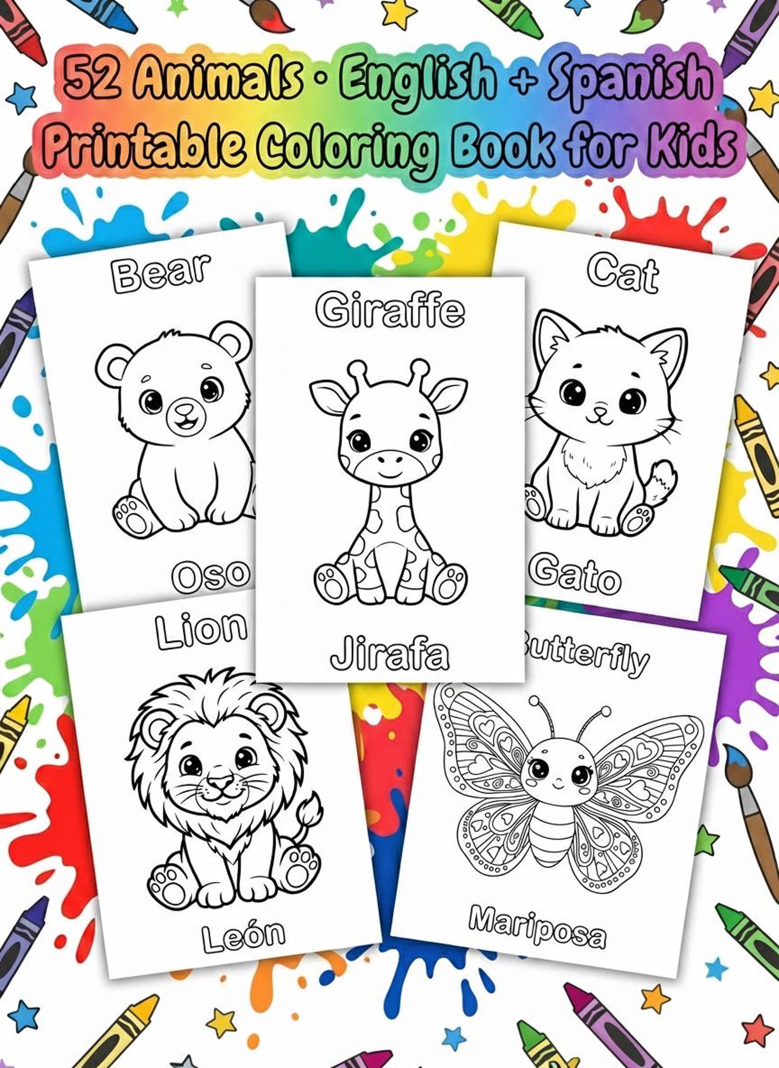 Printable Coloring Book 52 Animals English and Spanish Bilingual for ...