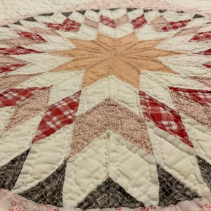 Vintage Sunburst Quilt | Pink & Brown Patchwork | Hand Quilted | c. 1930s-40s
