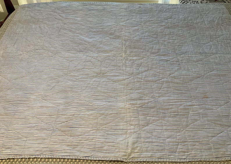 K&ouml;nnte beinhalten: Eine rechteckige Steppdecke mit einem Muster aus d&uuml;nnen, horizontalen blauen und wei&szlig;en Streifen. Die Stoffoberfl&auml;che zeigt ein dezentes, gestepptes geometrisches Design aus ineinandergreifenden Kreisen und Linien mit texturierter Optik.