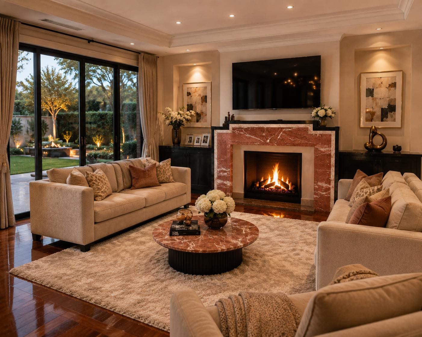 A Rosso Levanto marble fireplace surround in a Melbourne living room.