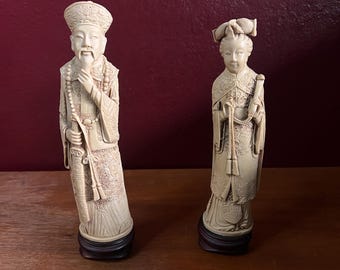 Vintage Chinese Emperor and Empress Figurines. Carved Resin, Wood base