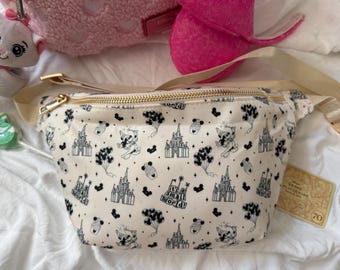 Large crossbody/ belt bag/ theme park bag, Magic Kingdom, Disney, tan and black, Its a small world, Fantasmic Mickey, Castle