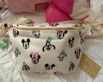 Large crossbody/ belt bag/ theme park bag, Magic Kingdom, Disneyland, Disney World tan with Mickey, Minnie, Goofy, Donald, Pluto
