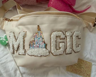 Large Disney Theme Park Bag, Tan Glitter Magic Castle Patches, Gold Zipper Crossbody Belt Bag